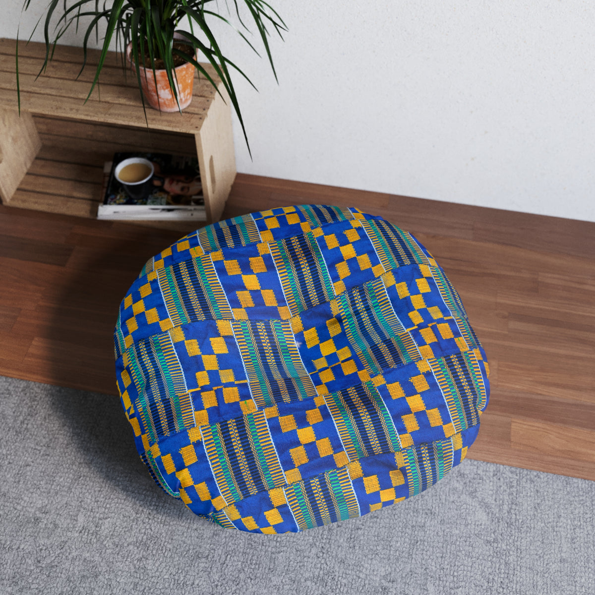 Blue/Yellow Kente Round Floor Pillow