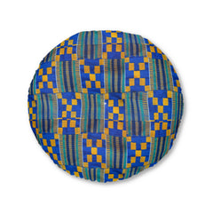 Blue/Yellow Kente Round Floor Pillow