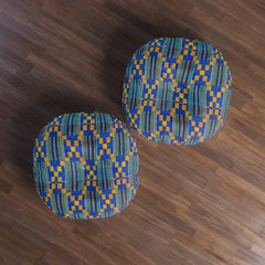 Blue/Yellow Kente Round Floor Pillow