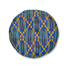 Blue/Yellow Kente Round Floor Pillow